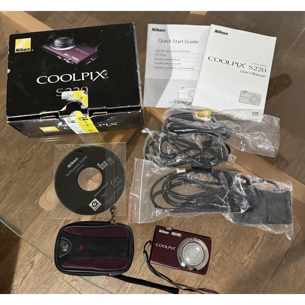 Nikon COOLPIX S220 10MP Digital Camera Plum Bundle W/Battery, Charger, Case Etc.